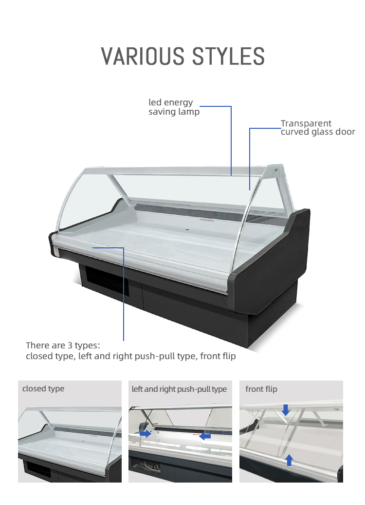 Auto defrosting cooler type deep fresh meat freezers single temperature butchery display fridges